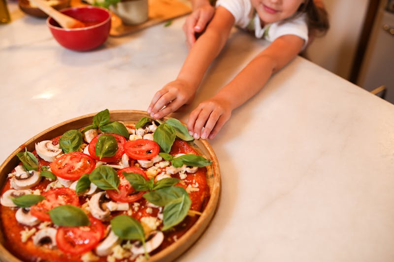 Open pizza preparation counter in the kitchen